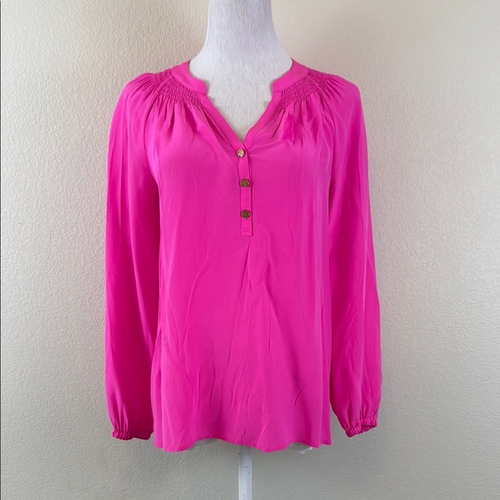 Lilly Pulitzer 100% Silk Pink Long‎ Sleeve Buttoned Blouse Size XS